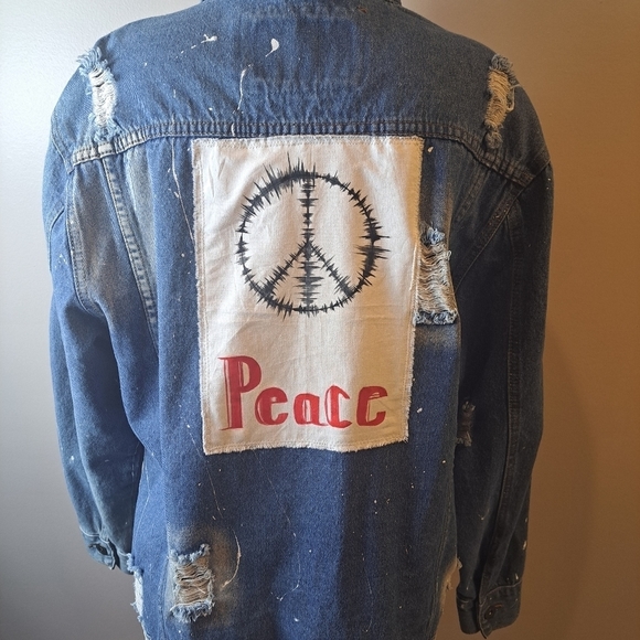 Rolling Paper Upscaled Statement Jean Jacket With Hand Painted Peace Sign Patch - Picture 3 of 8